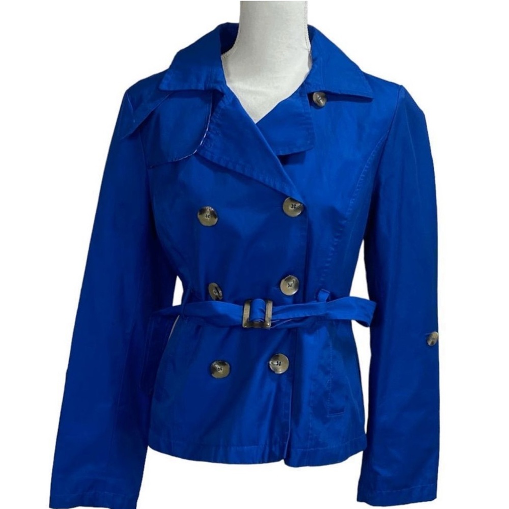 Grace Elements Blue Belted Short Trench Pea Coat Jacket Women’s Size 12 Roll Tab